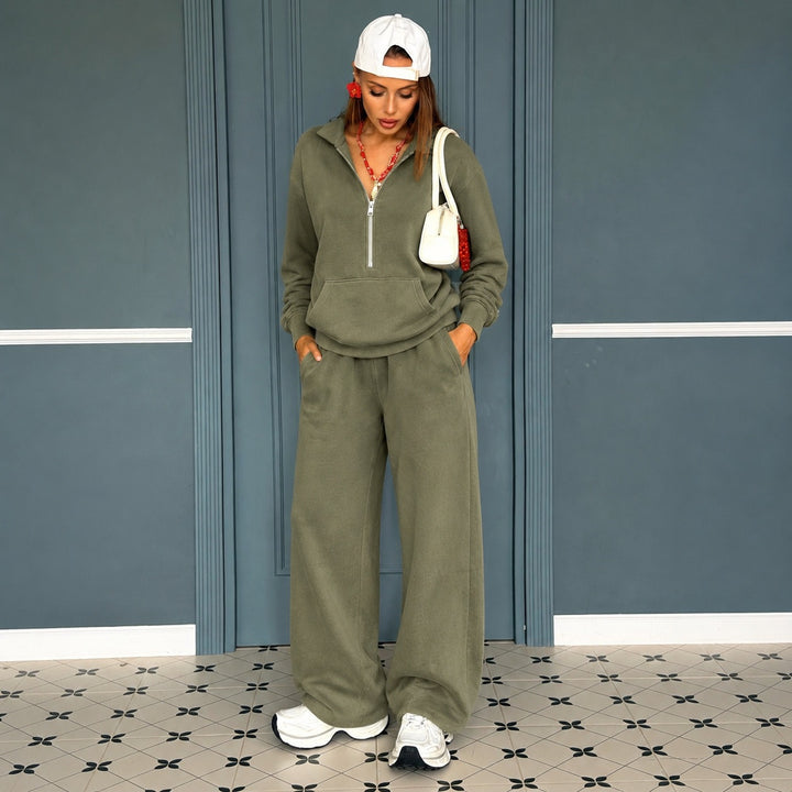 Damen lässiges Zip-Sweatset mit Polokragen und weitem Jogger-Schnitt Drune