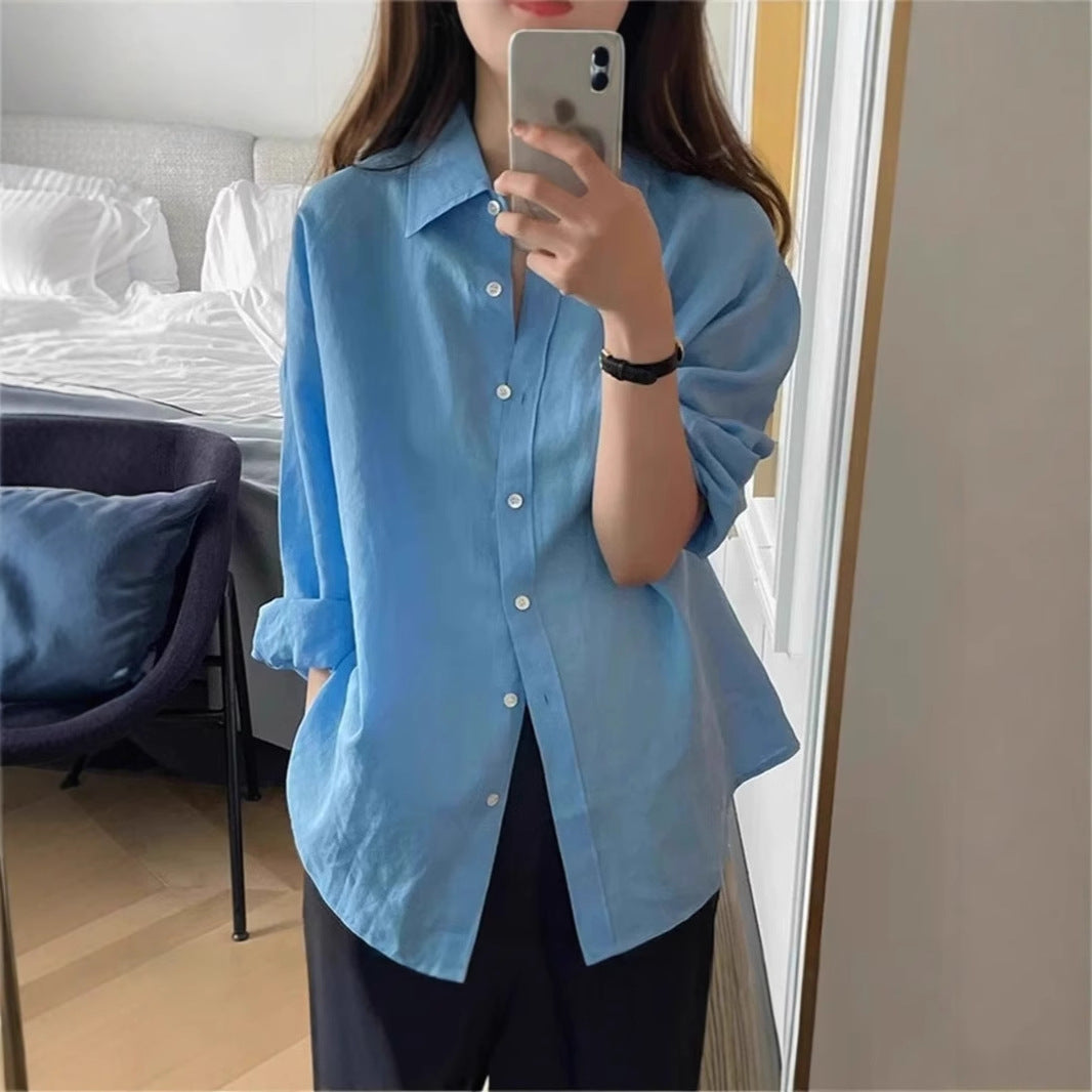 Damen Locker geschnittene Leinen‑Hemdbluse mit kastiger Silhouette und abgerundetem Saum Drune