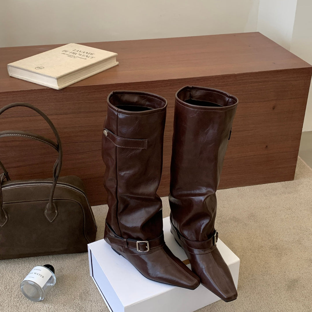Damen Hohe Stiefel aus hochwertigem Leder mit modischen Riemen Drune