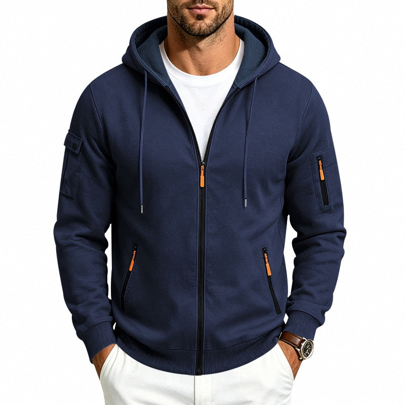 Herren Kapuzen-Reißverschlussjacke mit Ärmeltaschen, Kontrast-Zipper und Rippbündchen Drune