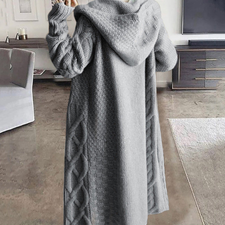 Damen Strickmantel mit Kapuze und Zopfmuster Drune