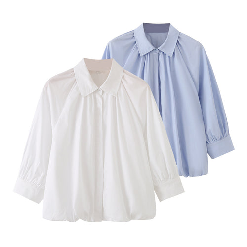 Damen Weites Blusenshirt mit Kellerfalten Ballonärmeln und Hemdkragen Drune