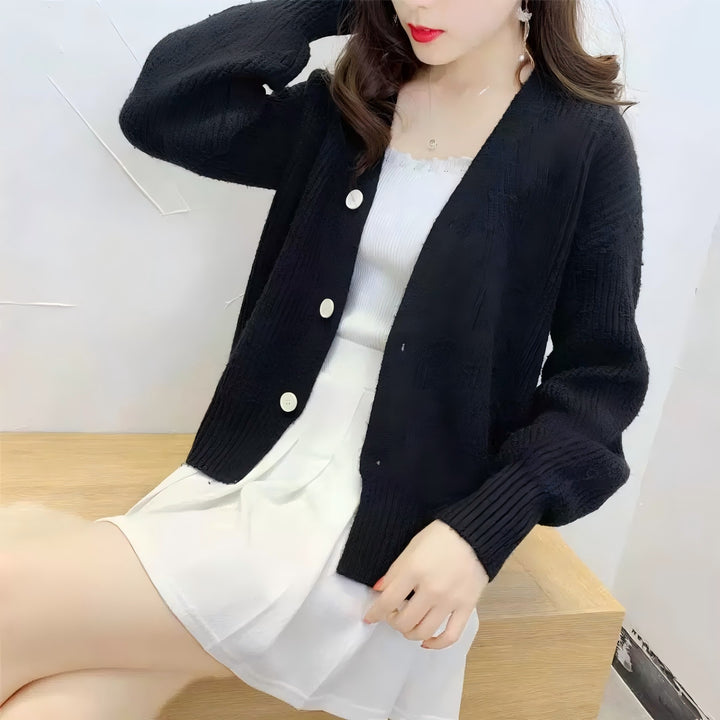 Damen lässige Strickjacke mit V-Ausschnitt und großen Knöpfen Drune