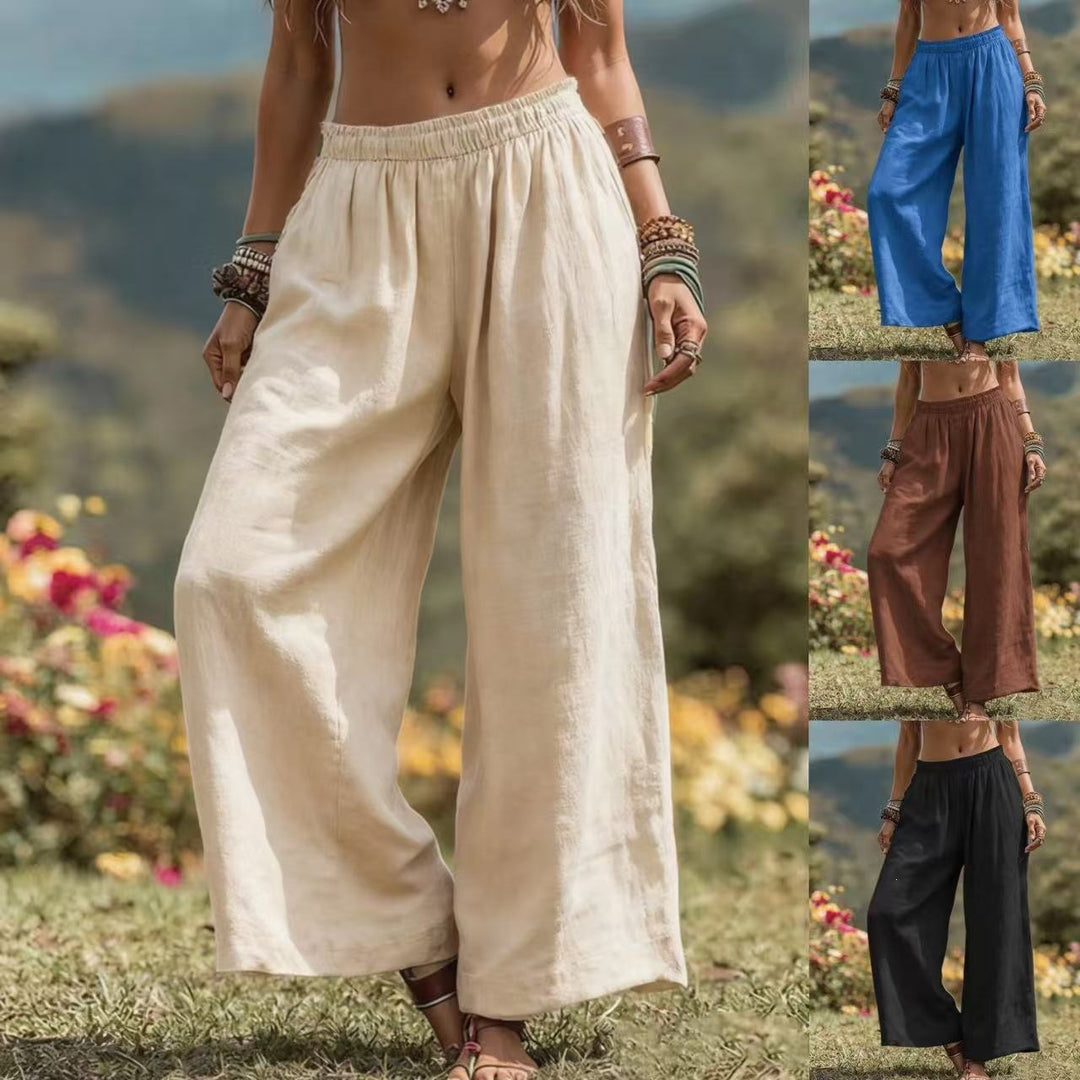 Damen Weite Leinenoptik Palazzo‑Hose mit elastischem Bund und Taschen Drune