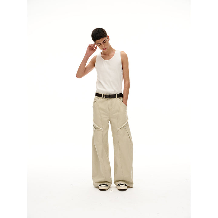 Damen Weite High‑Waist Cargo‑Hose im Vintage‑Workwear‑Look mit Aufgesetzten Taschen und Fransen-Details Drune