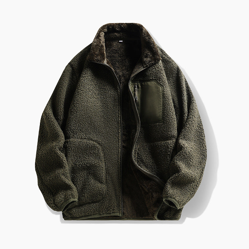 Herren Teddy-Fleecejacke mit Stehkragen, Kängurutaschen und Brust-Reißverschlusstasche Drune