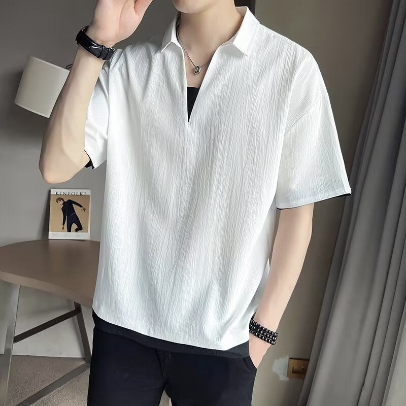 Herren Kurzarm-Hemd mit modischem V-Ausschnitt und strukturiertem Design Drune