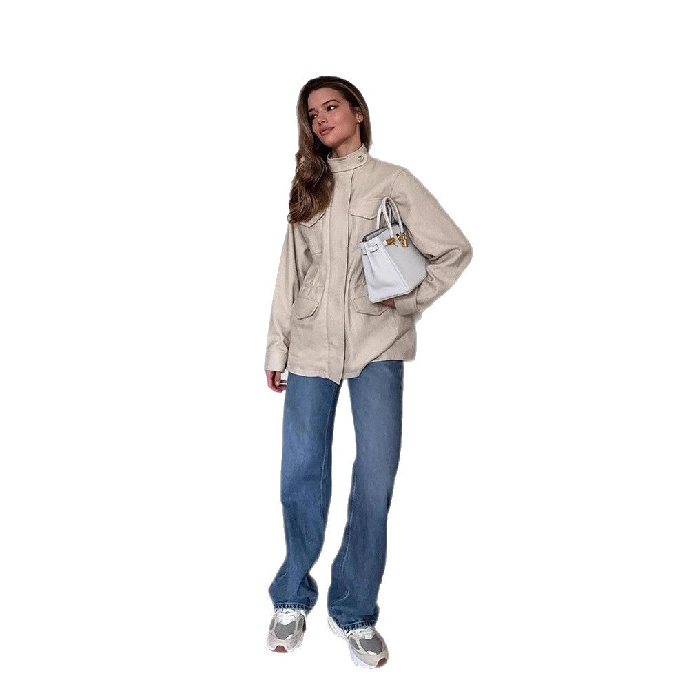 Damen lässige Utility-Jacke mit hohem Kragen und praktischen Taschen Drune