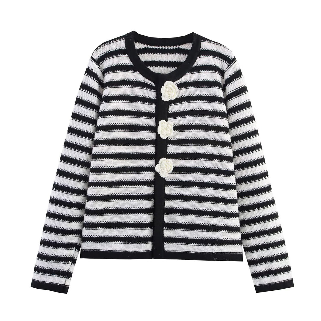 Damen vielseitige gestreifte Strickjacke mit floralen Knöpfen Drune