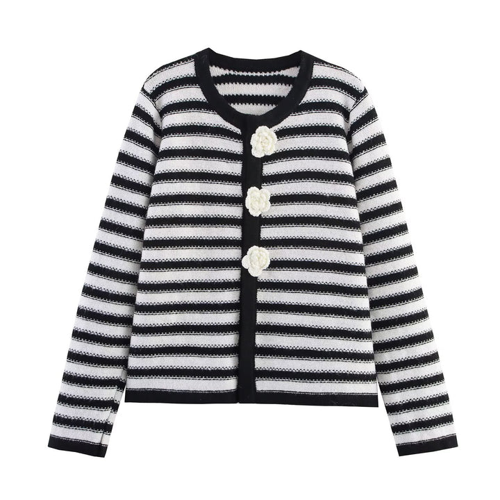Damen vielseitige gestreifte Strickjacke mit floralen Knöpfen Drune