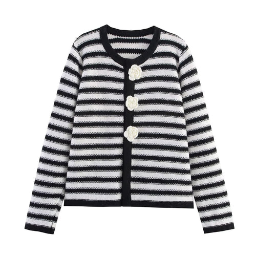 Damen vielseitige gestreifte Strickjacke mit floralen Knöpfen Drune