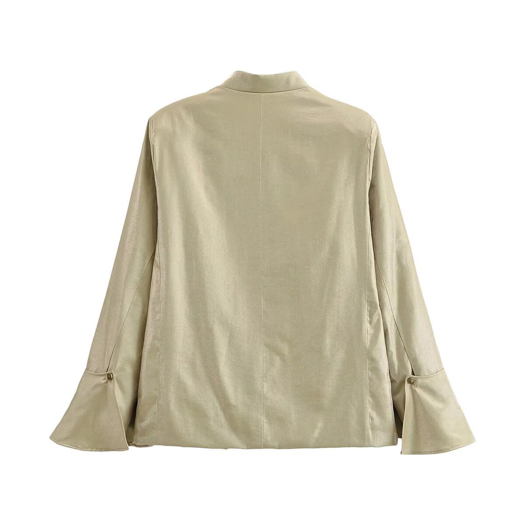 Damen Glänzende A-Linien-Jacke mit asymmetrischer Knopfleiste und Glockenärmeln Drune