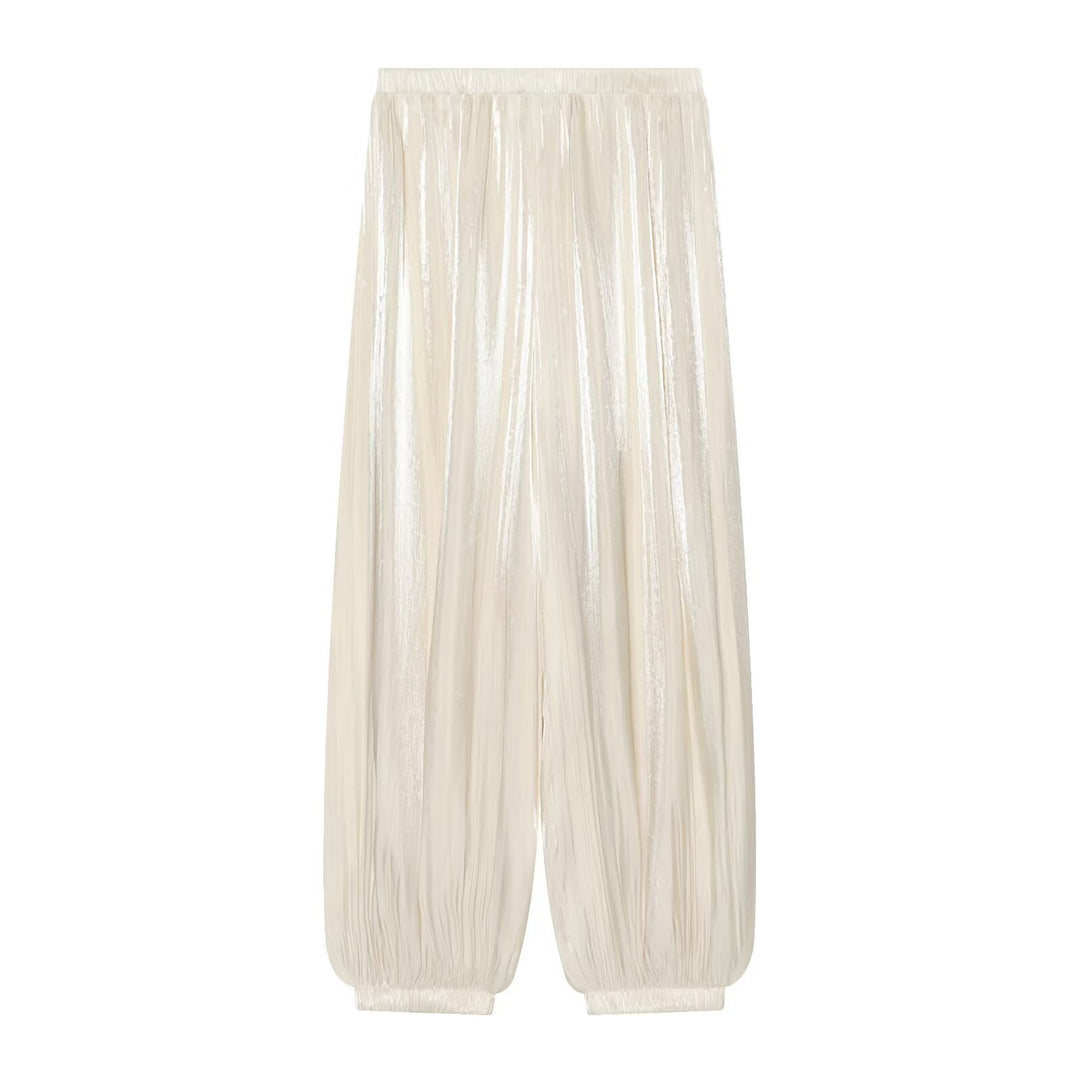 Damen Plissierte glänzende High‑Waist Palazzo-Jogger Drune
