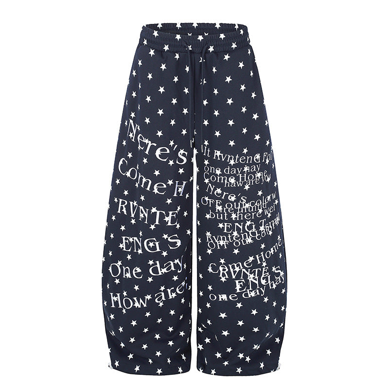 Damen Weite Palazzo-Loungehose mit Sternenallover, Tunnelzugbund und typografischem Print Drune