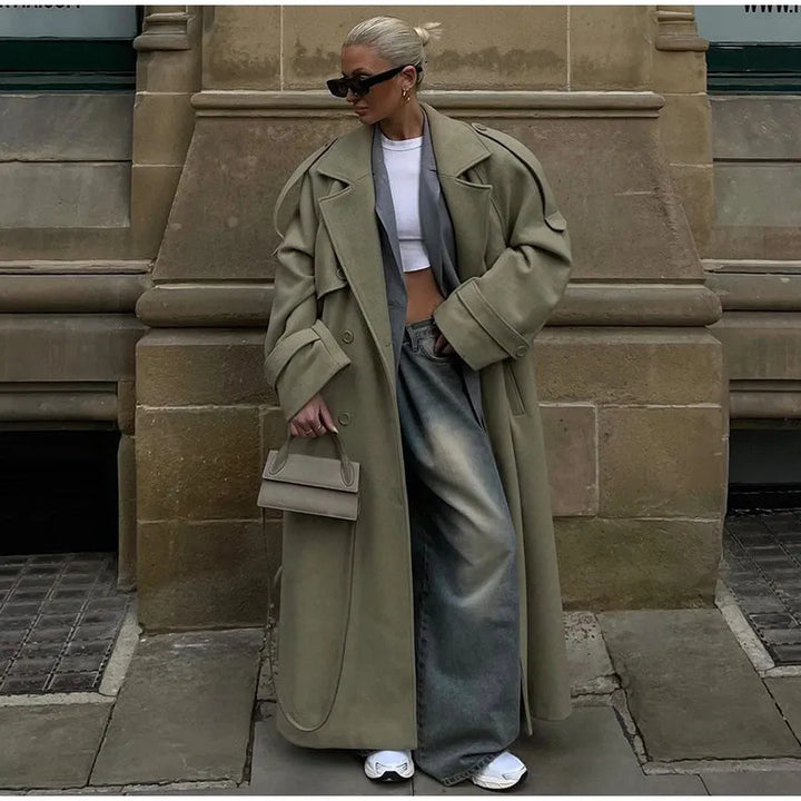 Damen 300+ langer oversized Trenchcoat mit Taillengürtel und Schulterpatten Drune