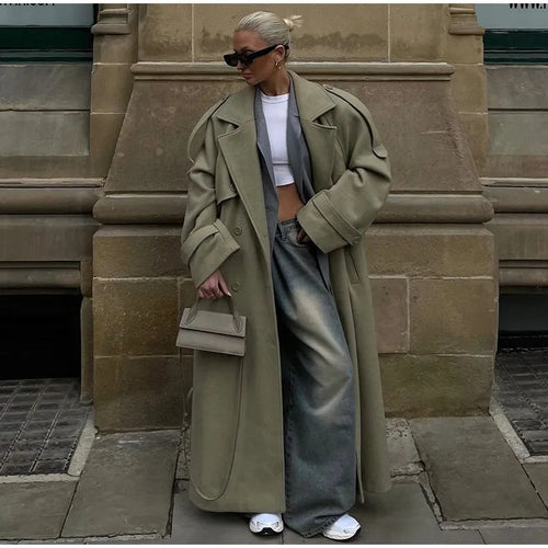 Damen 300+ langer oversized Trenchcoat mit Taillengürtel und Schulterpatten Drune