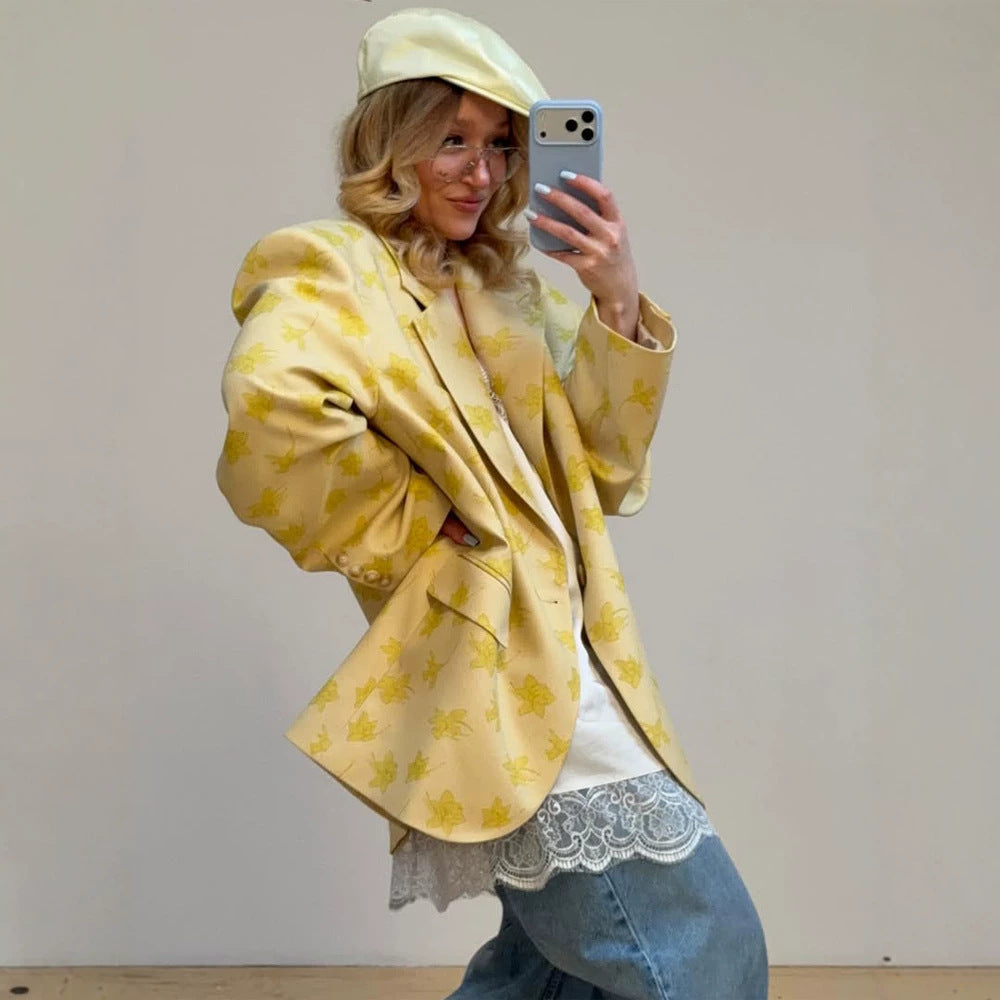 Damen Oversize-Blazer aus floralem Jacquard mit markanter Schulterpartie Drune