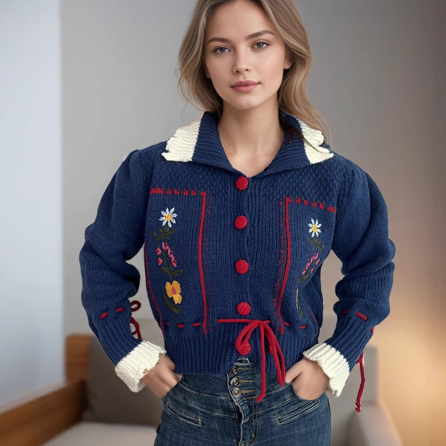 Damen Strickjacke mit floralen Stickereien und dekorativen Knöpfen Drune