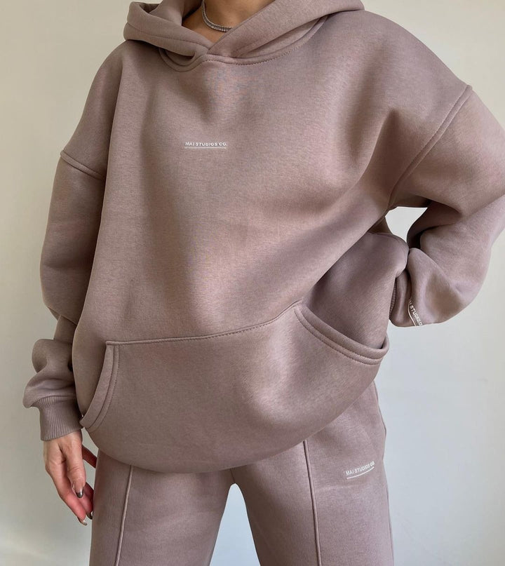 Damen Set Schwere French‑Terry Oversize‑Kapuzenpullover mit Kängurutasche und Slim‑Jogginghose Drune