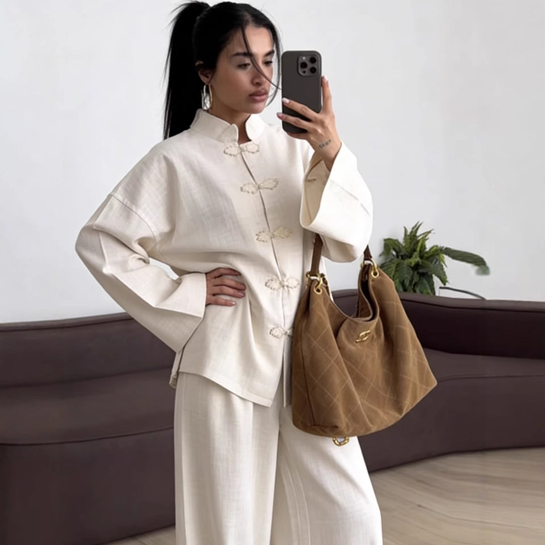 Damen Oversized Mandarinjacke mit Knotenverschlüssen und weitem Arm Drune