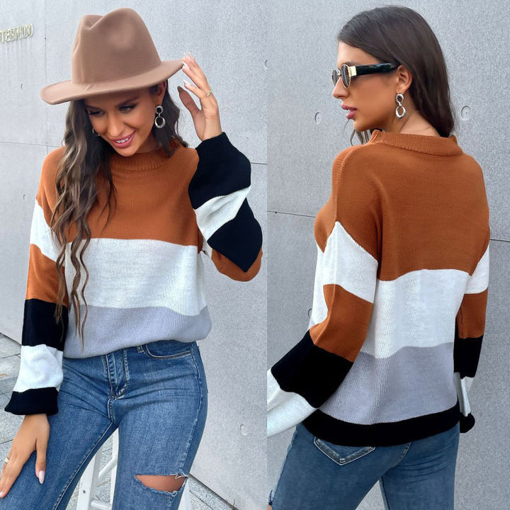 Damen Farbblock-Feinstrickpullover mit Rundhals und legerer Passform Drune