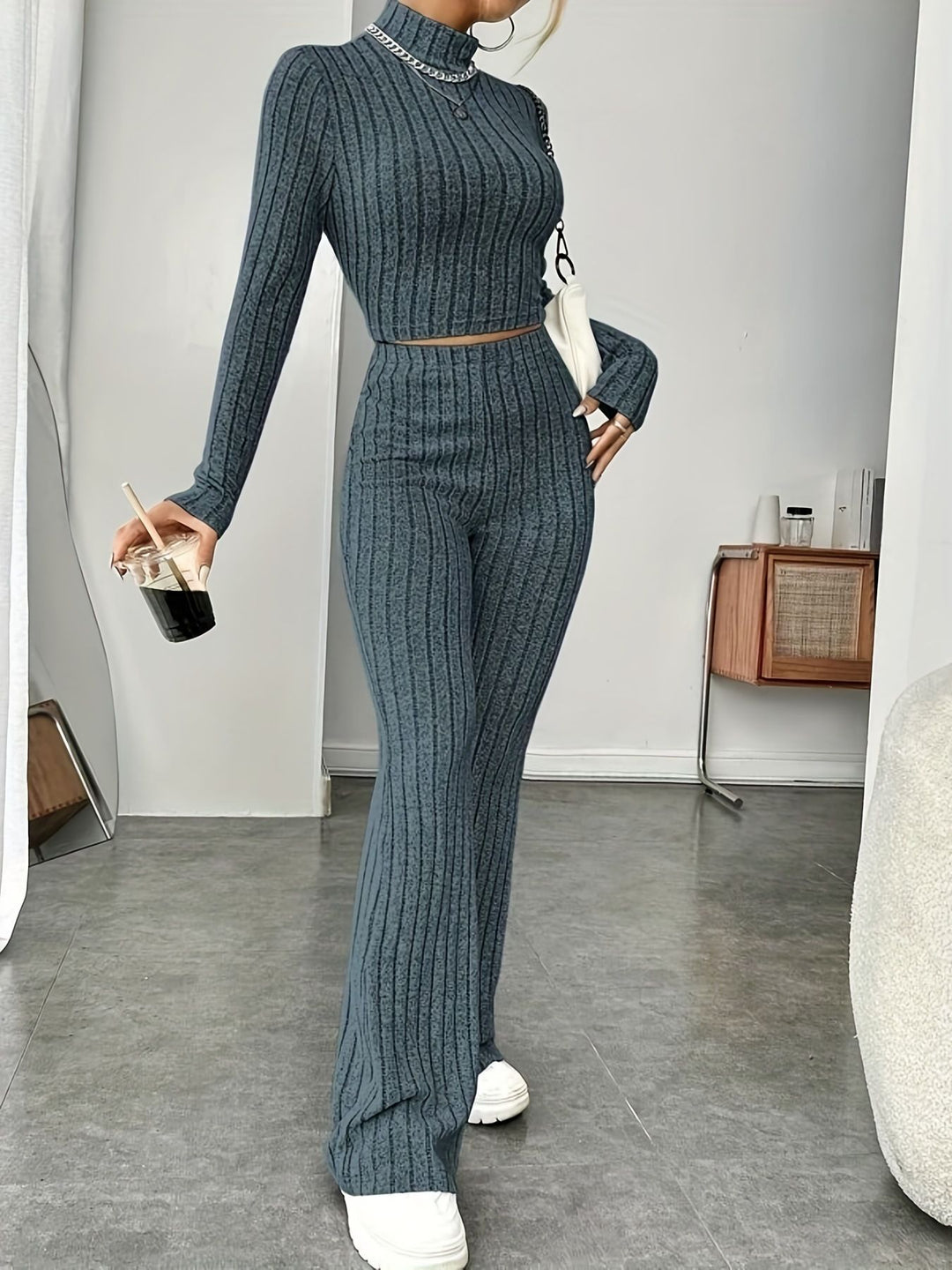 Damen Komfortables Zweiteiliges Strick-Loungewear-Set Drune