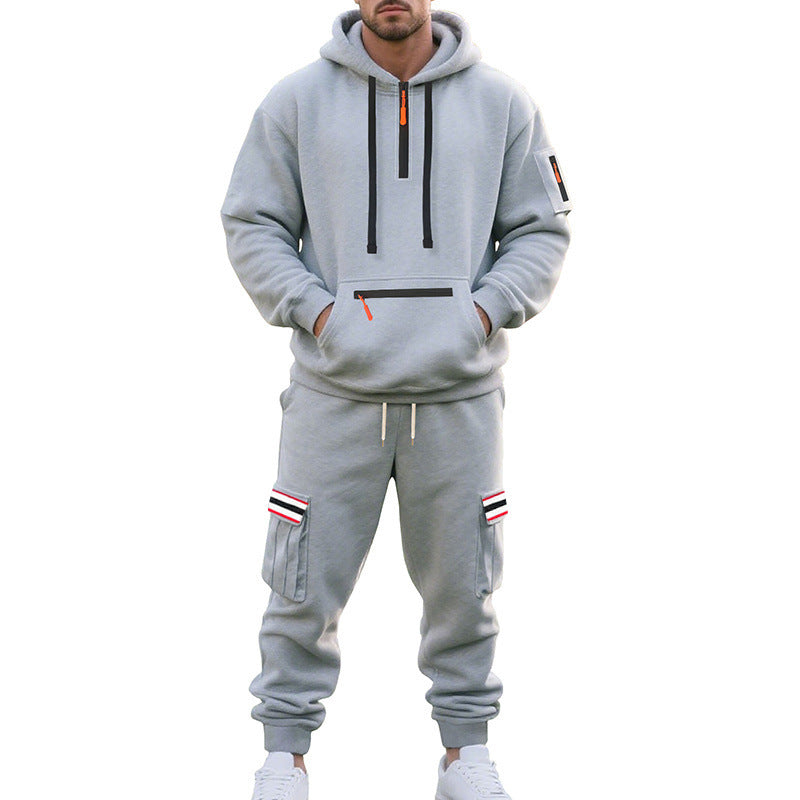 Herren nan Cargo-Hoodie- und Jogginghose-Set mit Halbzip, Reißverschluss-Kängurutasche und elastischem Tunnelzugbund Drune