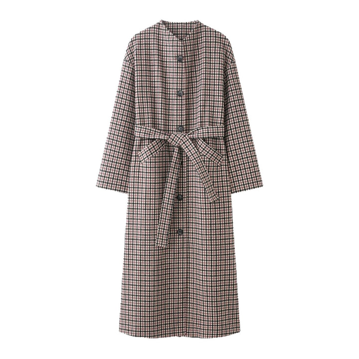 Damen karierter Midi-Mantel mit Taillengürtel und Rundhalsausschnitt Drune