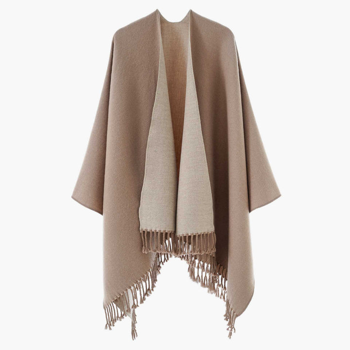 Damen Edler Umlegeponcho mit Reversoptik und Fransenabschluss Drune