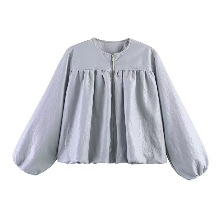 Damen Kurzblouson aus Kunstleder mit geraffter Yoke und Balloon-Ärmeln Drune