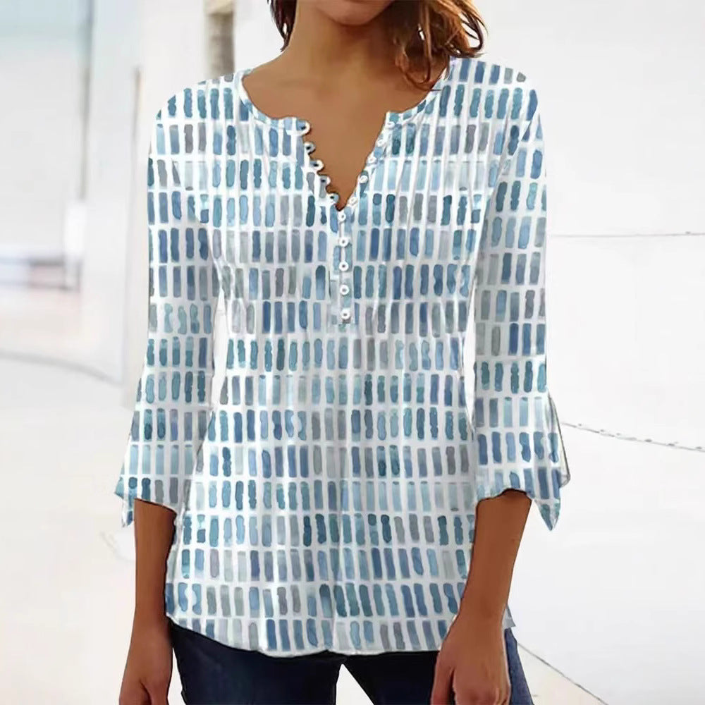 Damen nan luftig leichtes Aquarell-Print Blusenshirt mit Henley-Knopfleiste und dreiviertel Glockenärmeln Drune