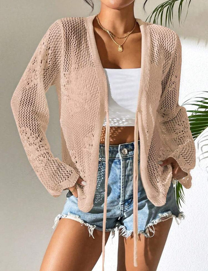 Damen Strickjacke mit luftiger Häkelstruktur und Bindeverschluss Drune