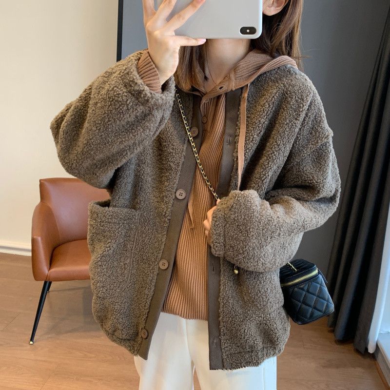 Damen Flauschige Oversized-Jacke mit großen Taschen Drune