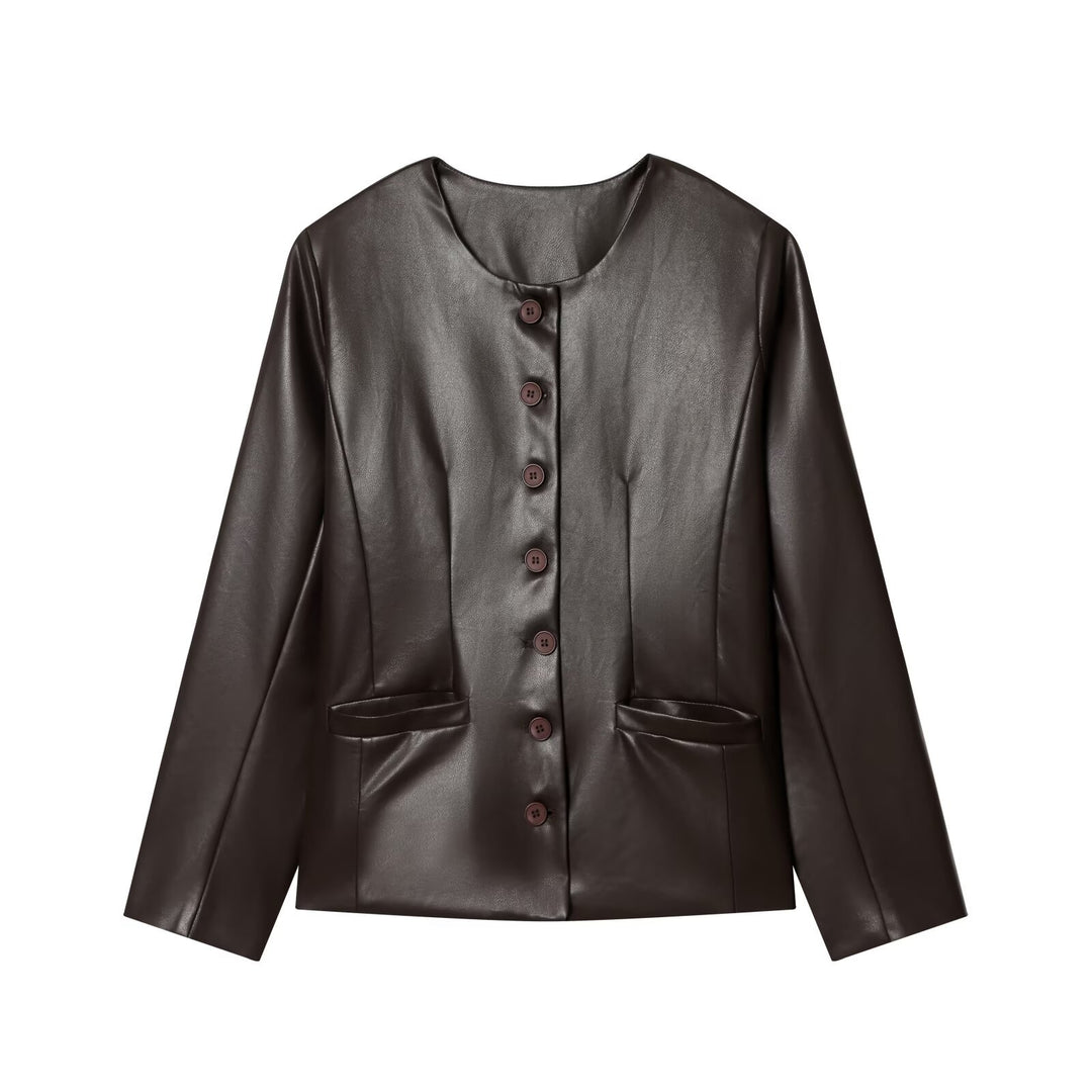 Damen Knopfblazer aus veganer Lederoptik im Cropped‑Boxy‑Schnitt mit Rundhalsausschnitt Drune