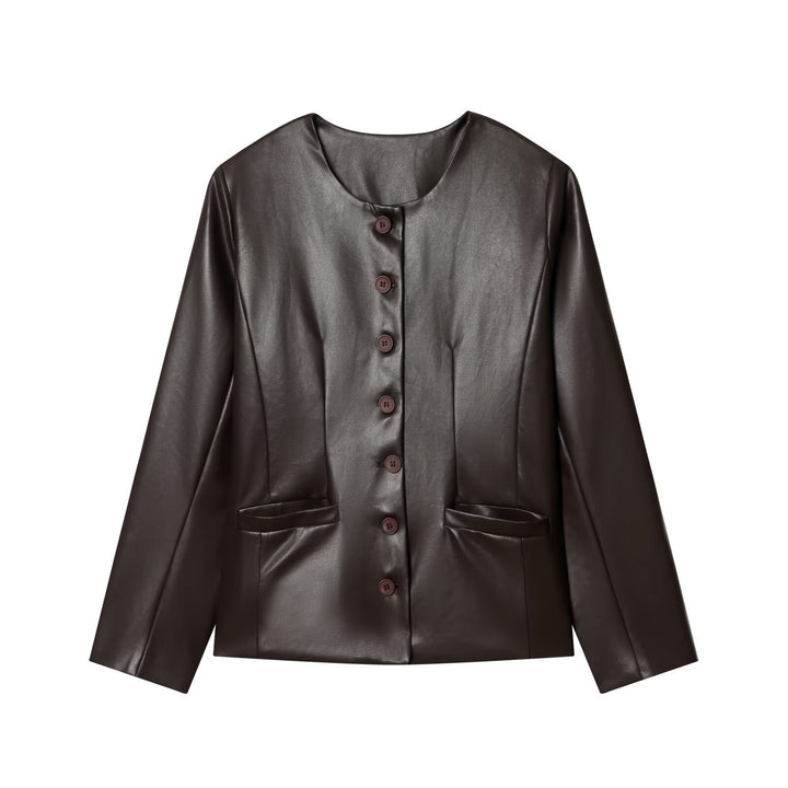 Damen Knopfblazer aus veganer Lederoptik im Cropped‑Boxy‑Schnitt mit Rundhalsausschnitt Drune