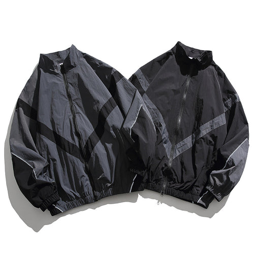 [Unisex] Oversize technische Wind- und Regenjacke mit Stehkragen, reflektierenden Paspeln und elastischem Saum Drune