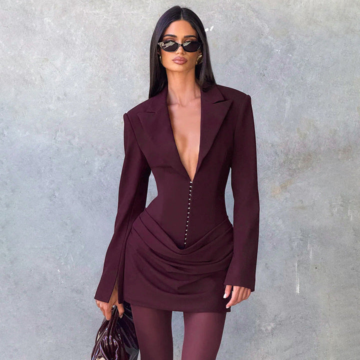 Damen Blazer-Minikleid mit tiefem V-Ausschnitt und eleganter Silhouette Drune