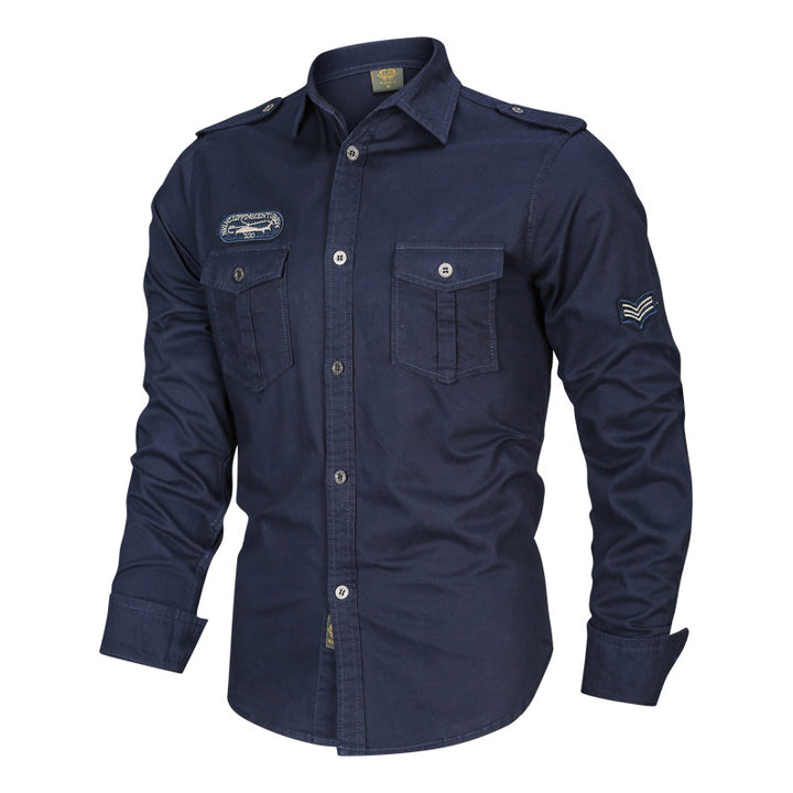 Herren  tailliertes Langarm-Canvashemd mit aufgesetzten Brustklappen Epauletten und Zierstickerei Drune
