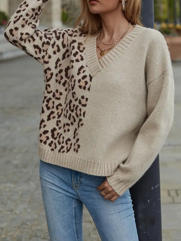 Damen Grobstrickpullover mit modernem Leo-Design und tiefem V-Ausschnitt Drune