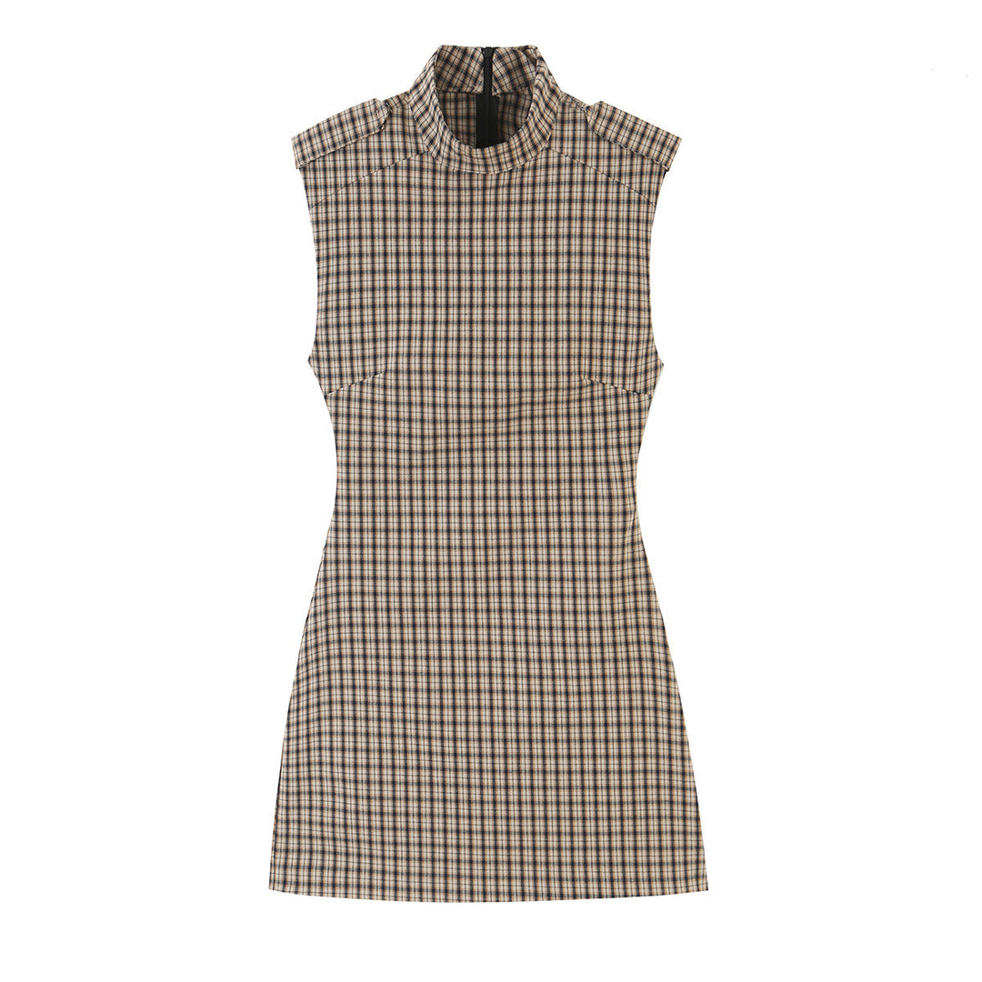 Damen Tailliertes ärmelloses Mini-Kleid mit Stehkragen und Karomuster Drune