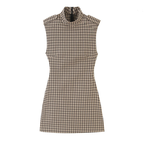 Damen Tailliertes ärmelloses Mini-Kleid mit Stehkragen und Karomuster Drune