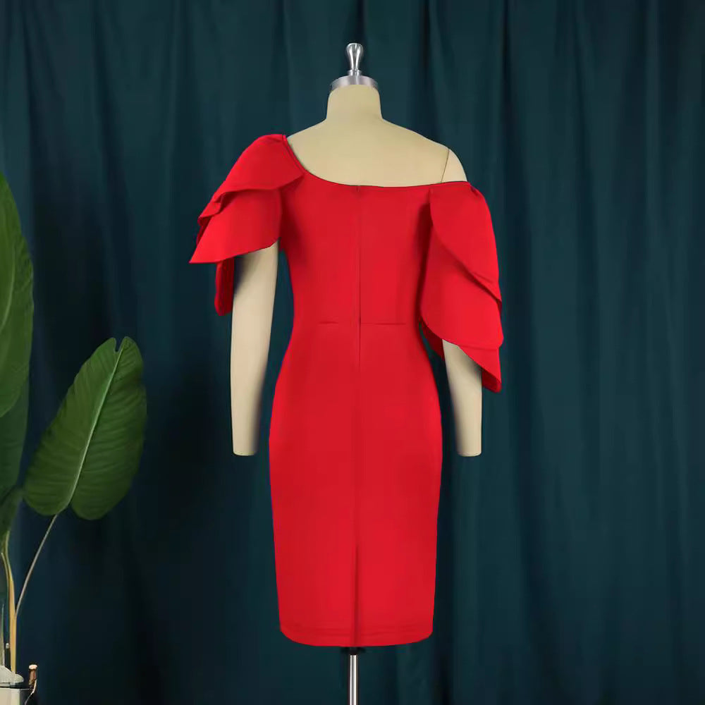 Damen Figurbetontes Kleid mit asymmetrischem Rüschen-Ausschnitt Drune