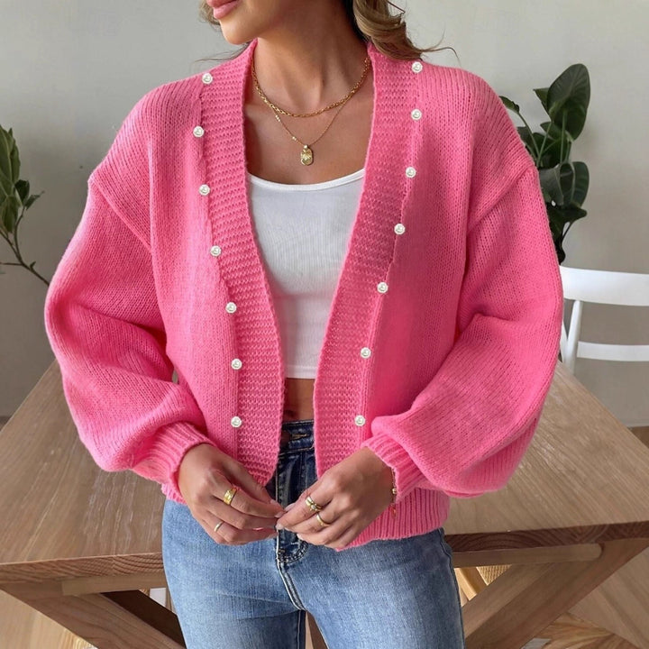Damen gemütliche Strickjacke mit Perlenknopf-Detail Drune