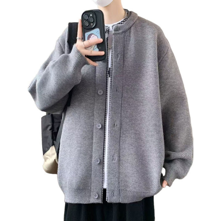 Herren Oversized Strickjacke im Bomberstil mit Rundhals und Knopfleiste Drune