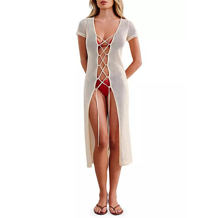 Damen Durchsichtige Strick Strand Überkleid Kleid Drune