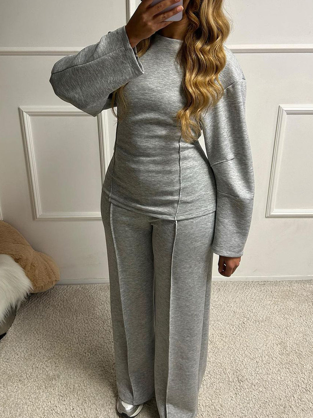 Damen nan weiches Lounge-Set mit tailliertem Sweatshirt, formgebenden Nahtdetails und weitem Palazzohosen-Bein Drune