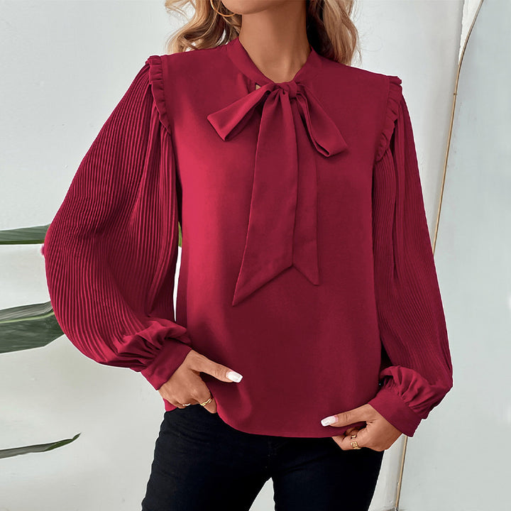 Damen Plissierte Chiffon-Bluse mit Schleifenkragen, Ballonärmeln und Rüschendetail Drune