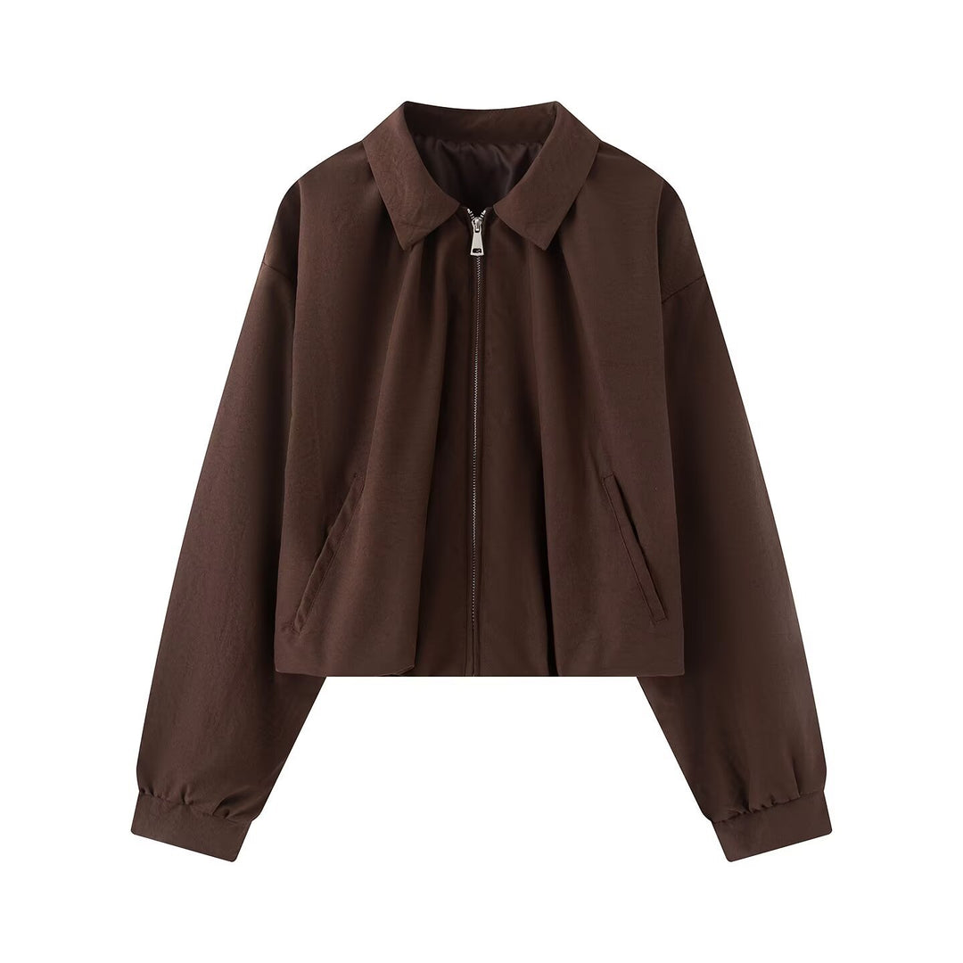 Damen Cropped-Boxy-Jacke im Oversize‑Look mit Hemdkragen, Reißverschluss und elastischen Bündchen Drune