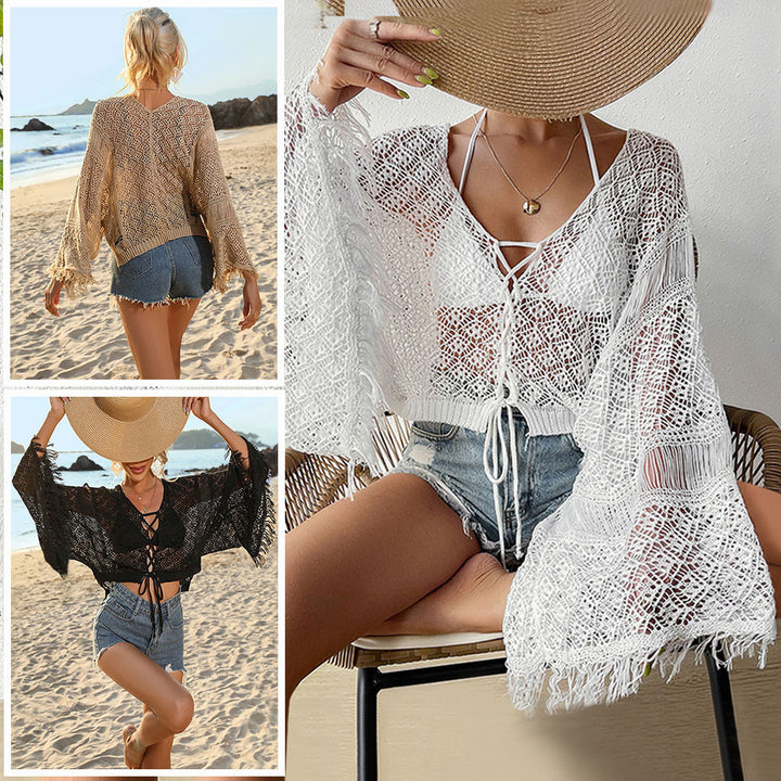 Damen gehäkelter Strandkimono mit eleganter Fransenverzierung Drune