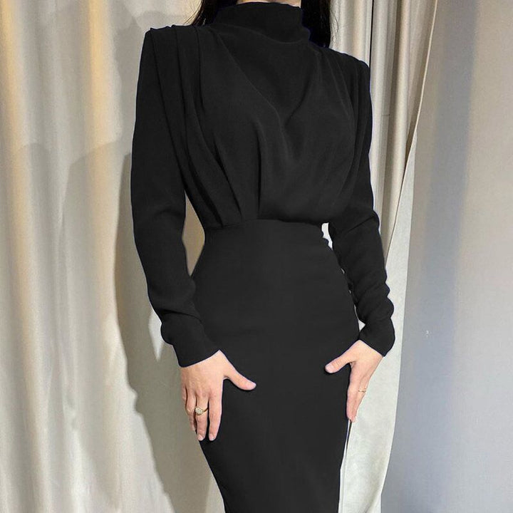 Damen nan elegantes Midikleid mit Drapierter Wasserfall-Front, taillierter Bleistift-Silhouette und langen Ärmeln Drune